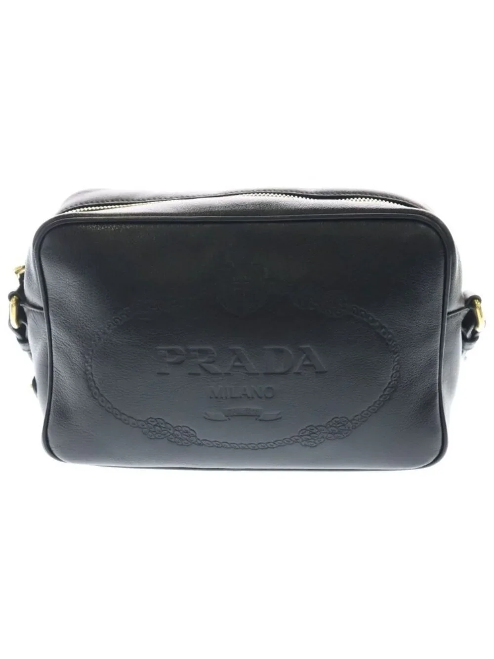 Prada Embossed Logo Shoulder Bag Black Leather Gold